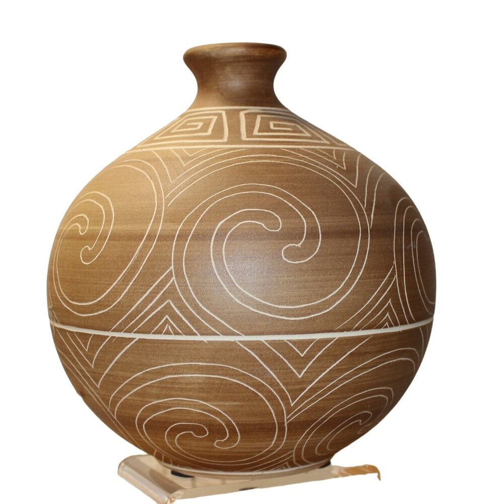 Brown Ceramic Vase With Greek Key Design & Protective Base Pads